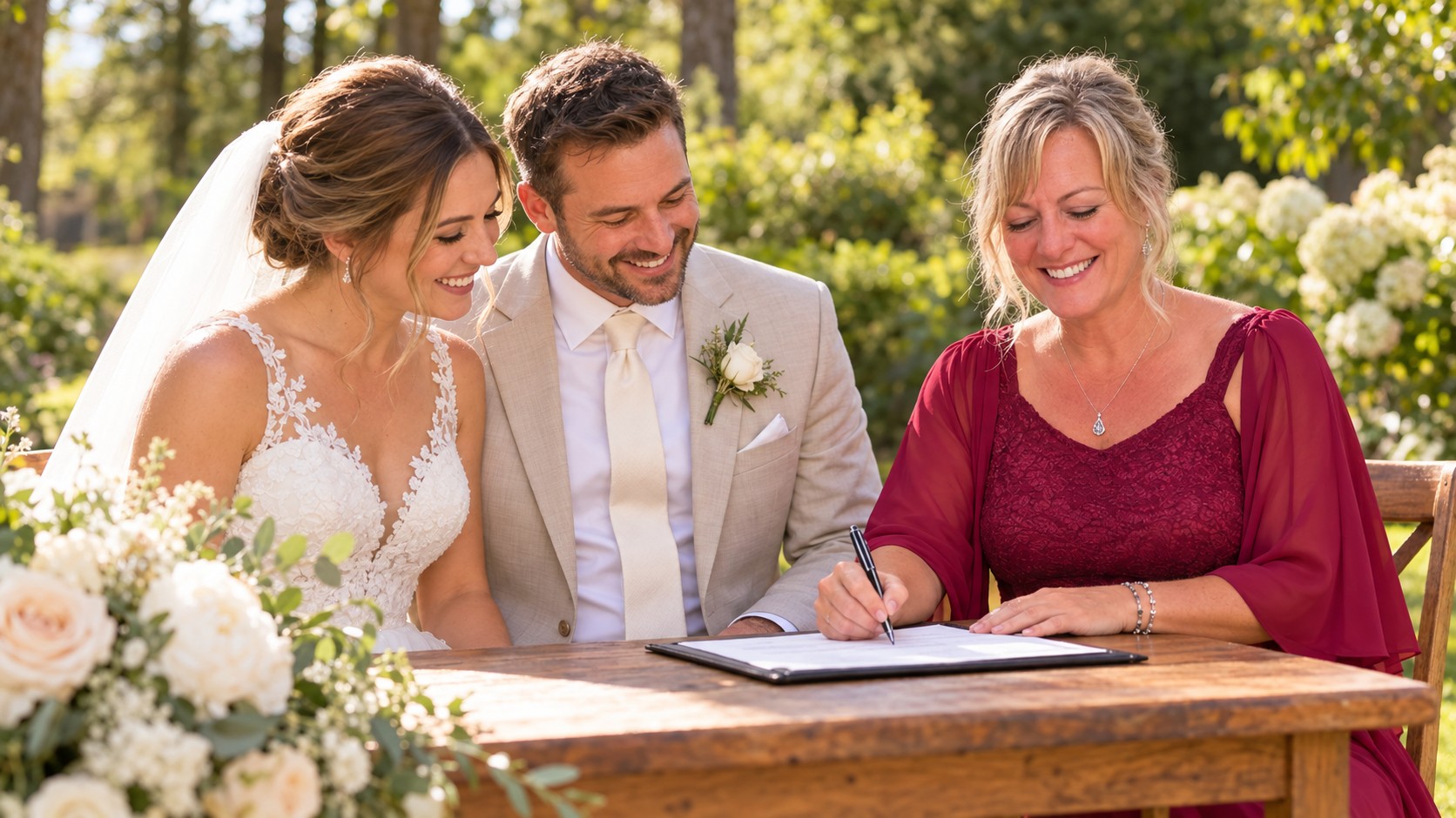 Created wedding scene of Tammy signing paperwork beside a bride and groom